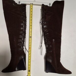 Over the Knee Wedge Boot 4 1/2 inch heel, Lace Up Back in Brown Vegan Suede